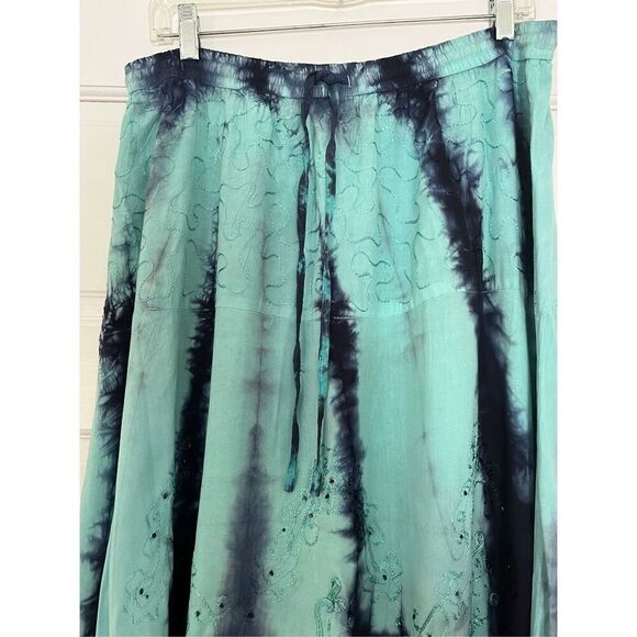 Vintage L.S.I Women's Small Blue Green Tie Dye Embroidered Midi Skirt Beach - Picture 2 of 7